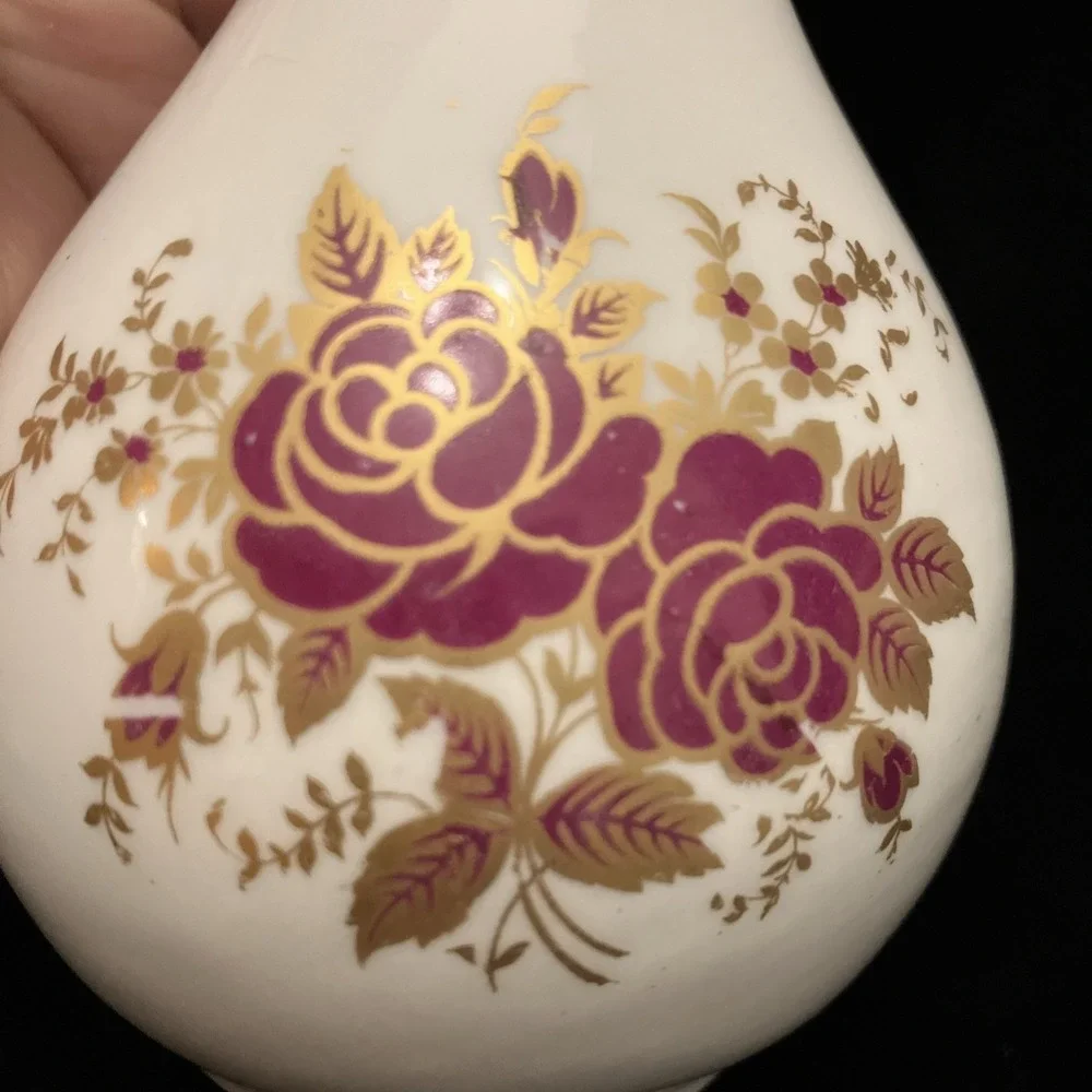 Osborne China 24k Gold Trim Hand Painted Vintage Vase Burgundy Red Yellow Floral